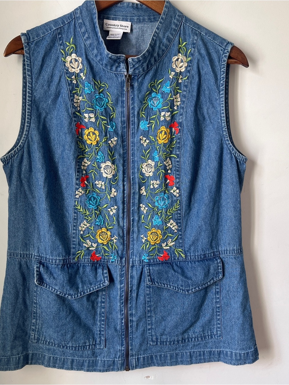 Country Store Blue Embroidered Sleeveless Denim Vest